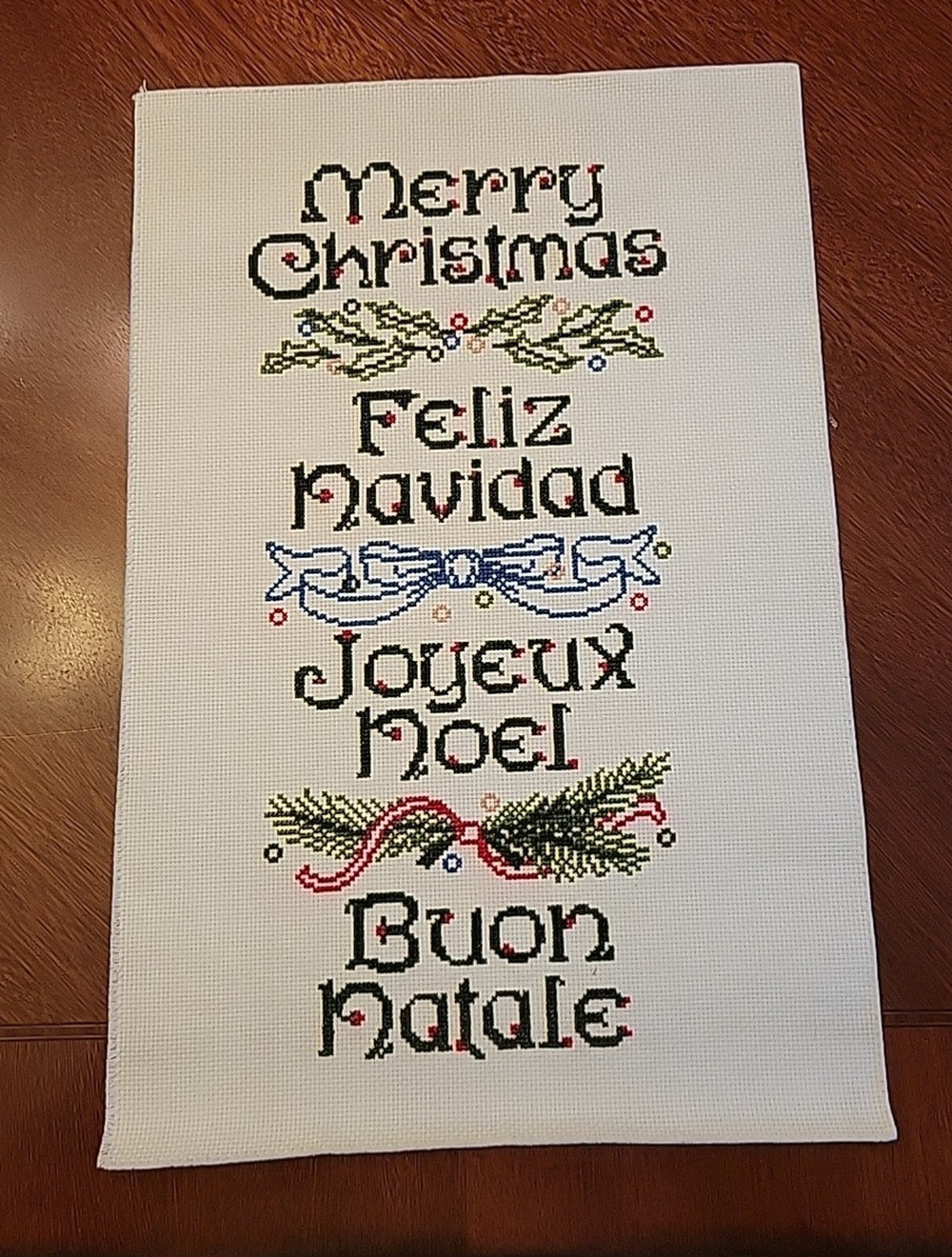 Merry Christmas Feliz Navidad Joyeux Noel Finished Counted Cross Stitch Unframed
